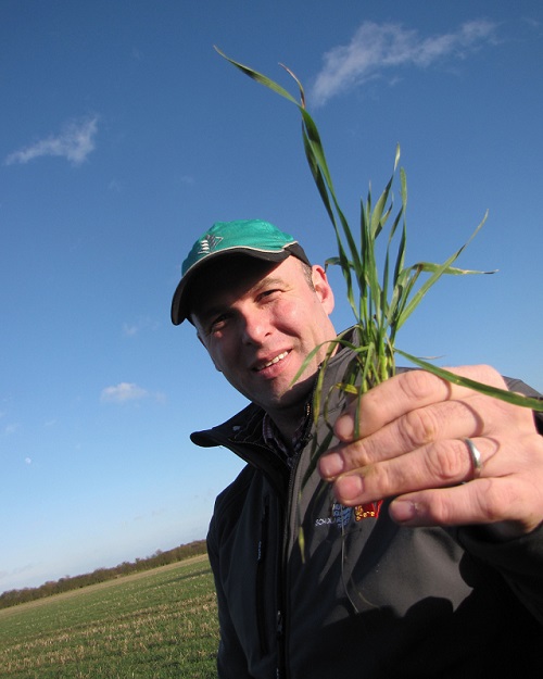 Close up of man wearing green baseball cap holding some long grass up toward the camera